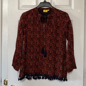 Roller Rabbit Cotton Dark Floral India Tassel Peasant Blouse Top